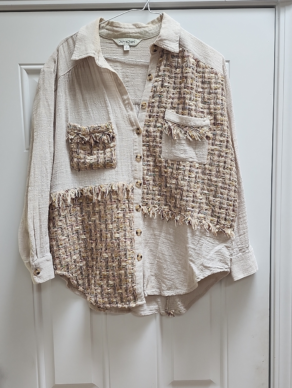 DovaDori Textured Patchwork Button-Up Shirt - Neutral Beige